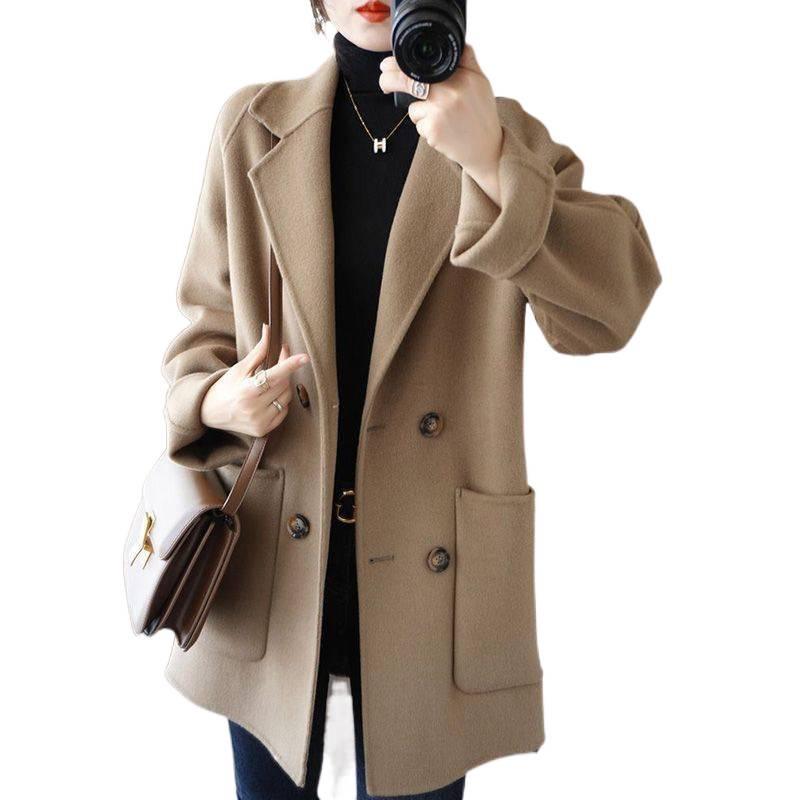 Luksusowy damski dwustronny wełniany płaszcz średniej długości z chenille - Duży rozmiar