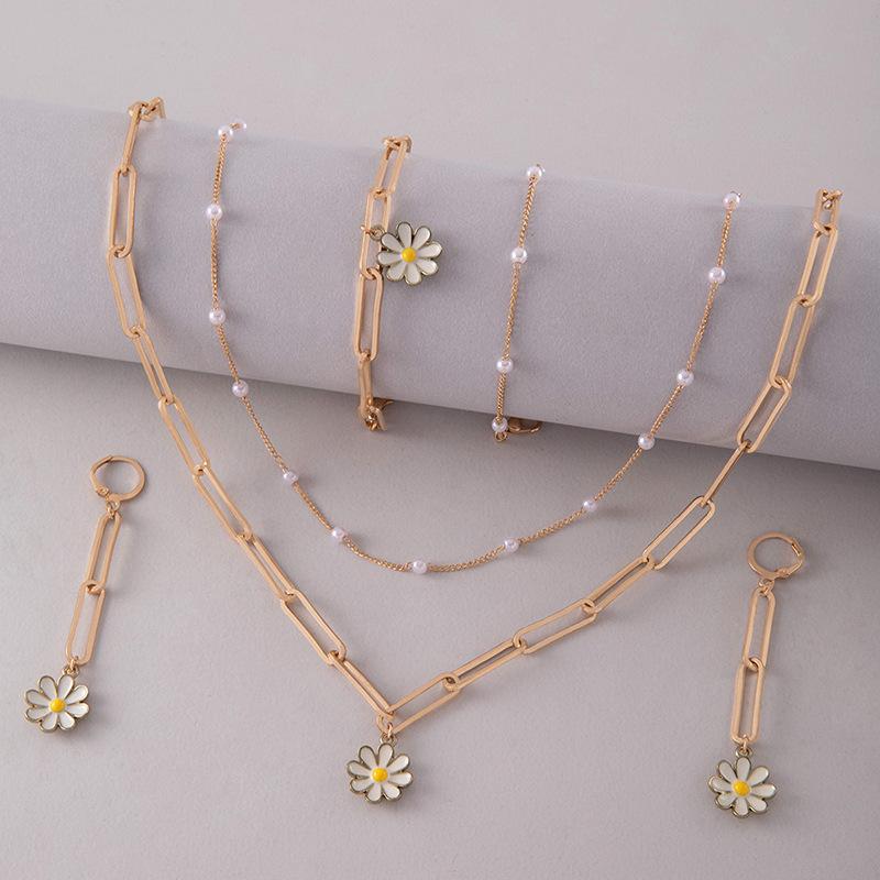 Jewelry Fresh and Sweet Oil Dripping Daisies Jewelry Set Imitation Pearl Hollow Necklace Bracelet Earrings