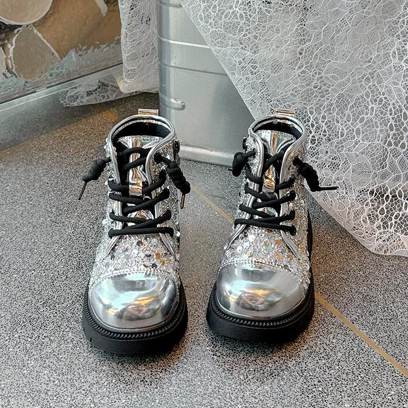 Silver Martin Boots Spring and Autumn Shoes Children's Boots Model Catwalk Girl Shiny Boots Shiny Performance Black