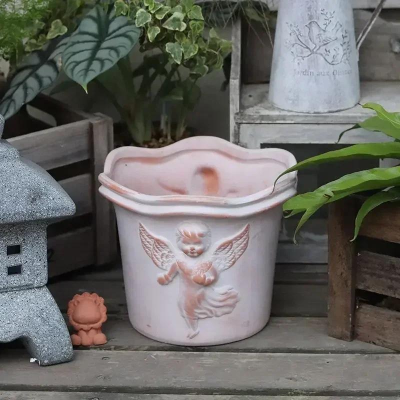 Pottery Clay Breathable with Drainage Holes Flower Pot Relief Home Furnishings Garden Plant Garden Supplies Personality Vases