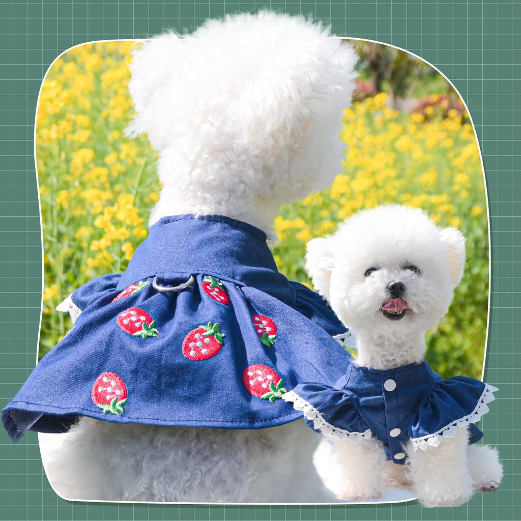 Pet circle dog cat clothes pocket skirt collection denim flower medium and small dog small red flower strap dress