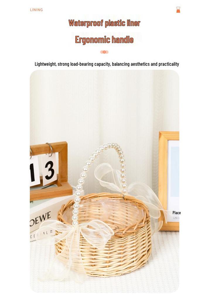 Handheld Woven Willow Flower Basket - Pearl Decoration, Rattan Souvenir, Wedding or Children's Day Gift, Perfect for Flower Arrangements