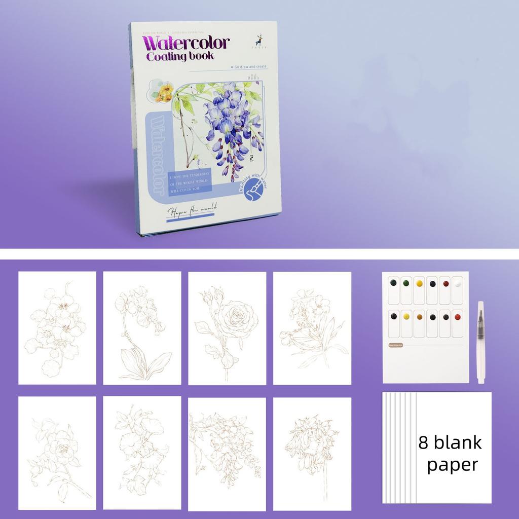Adult Watercolor Painting Book, 3-Fold Layout with Included Pigments, Relaxing DIY Coloring Pages, Portable Hand-Painted Art