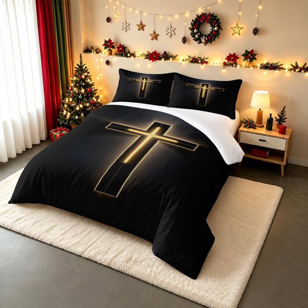 Minimalist Gold Glowing Cross Bedding set (1 duvet cover, 2 pillowcases, duvet not included), Modern Christian Light Rays Art Print