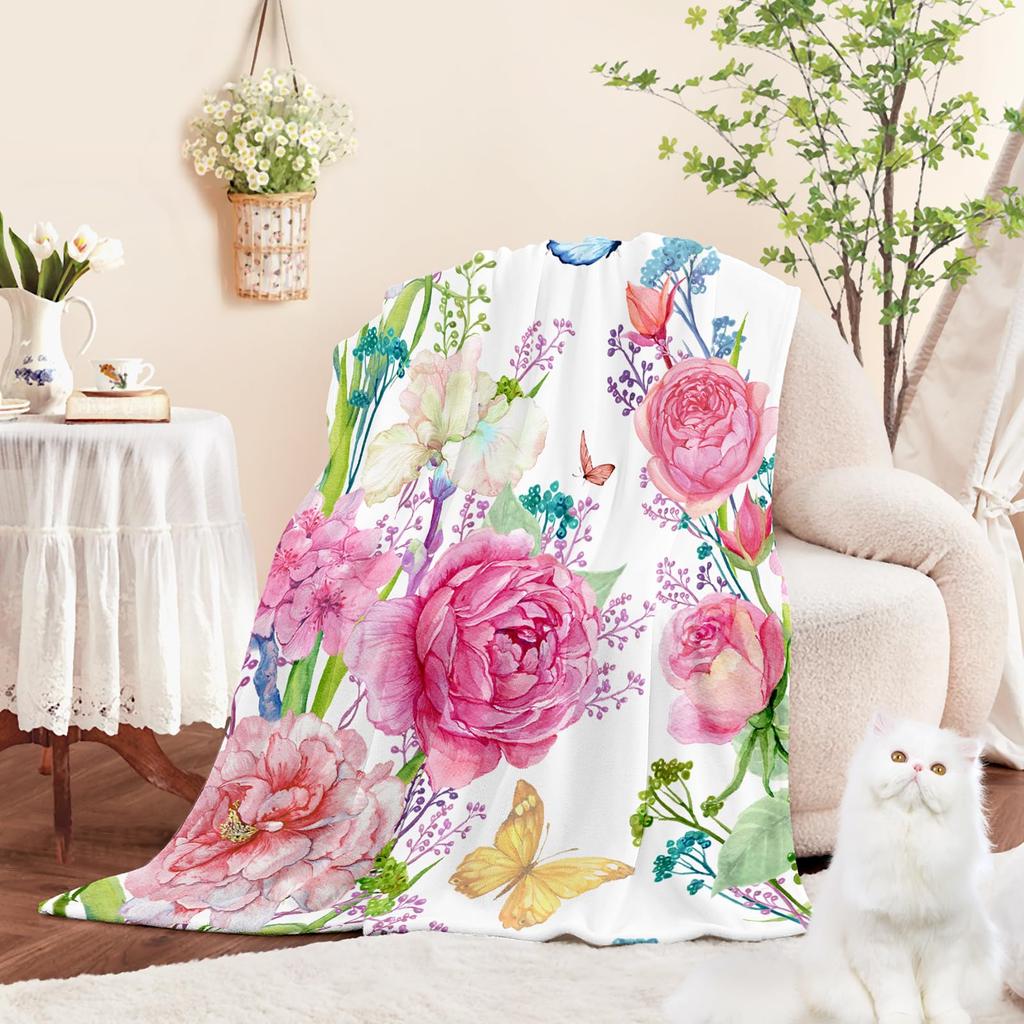 Romantic Rose Floral Blanket For Valentine's Day Gift Soft Flower Fleece Blanket for Bed Sofa Couch Chair Outdoor Travel Camping