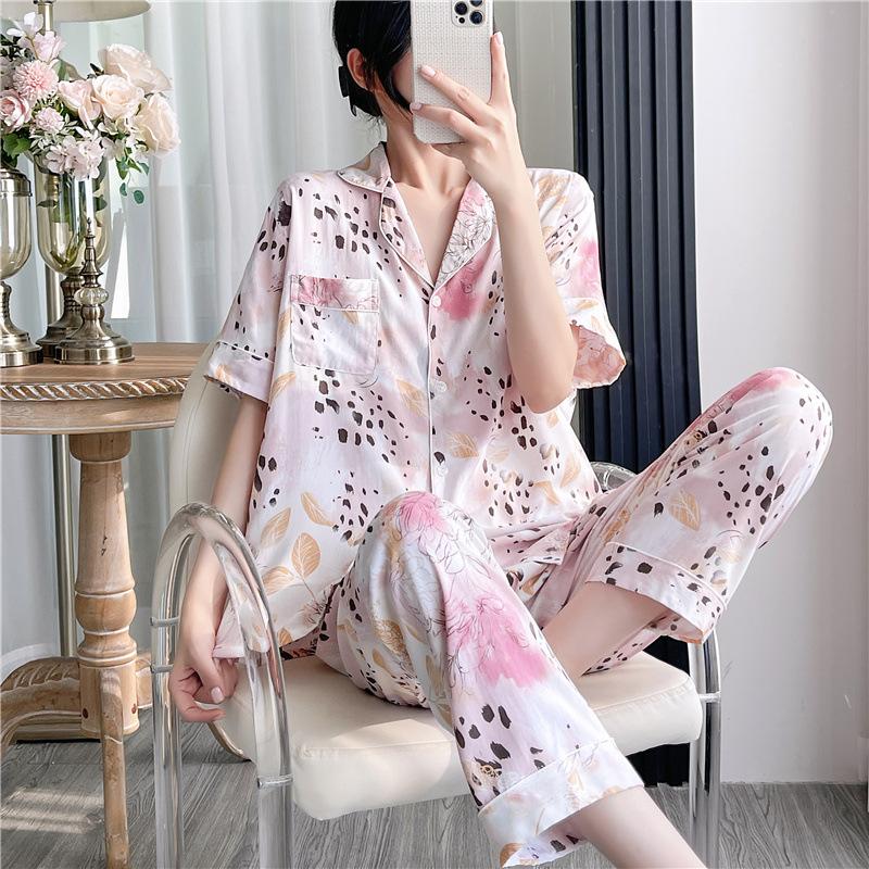 Korean version of sweet girl short-sleeved pajamas women's spring summer cotton and silk shirt collar can be worn outside loungewear princess