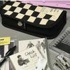 Stylish Black & White Checkerboard Pencil Case - Large Capacity for Students with Zipper