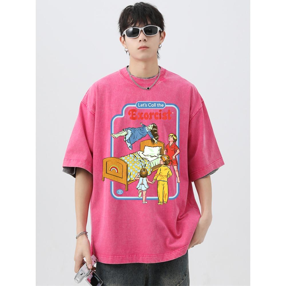 Llamemos al Exorcista Camisetas Retro Lavadas para Hombre Camisetas Sueltas Camiseta de Algodón Transpirable Tops Oversize
