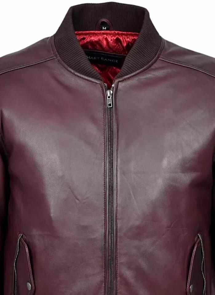 Handgefertigte Echte Herrenjacke Burgunderleder Lammfell Stilvoller Motorrad-Schnitt Weich