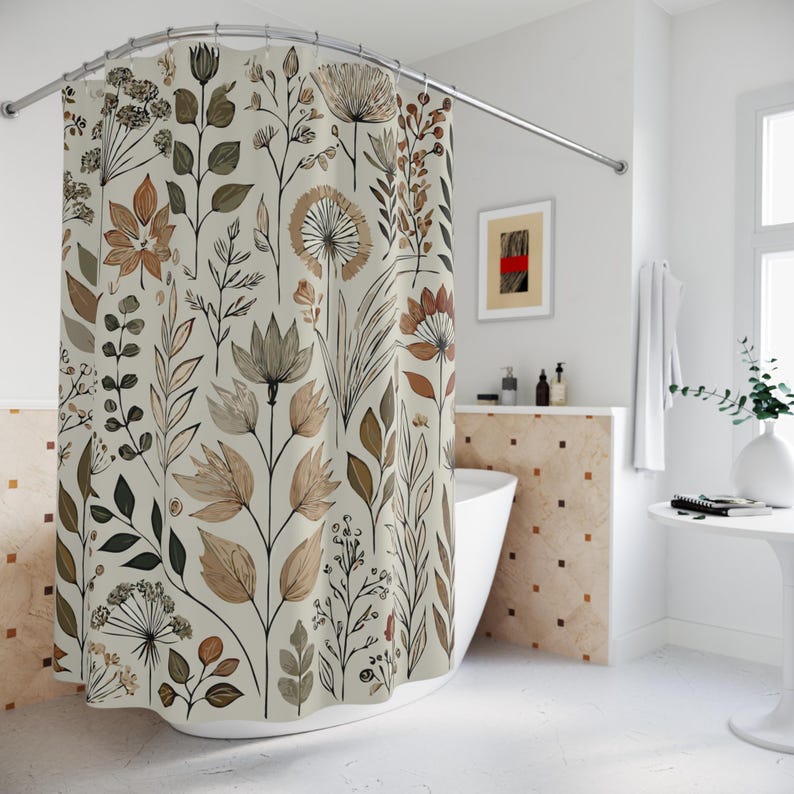 

Earthy Botanical Shower Curtain - Delicate Wildflowers & Foliage, Harmonious Pattern W60H190(CM)-1 Pcs