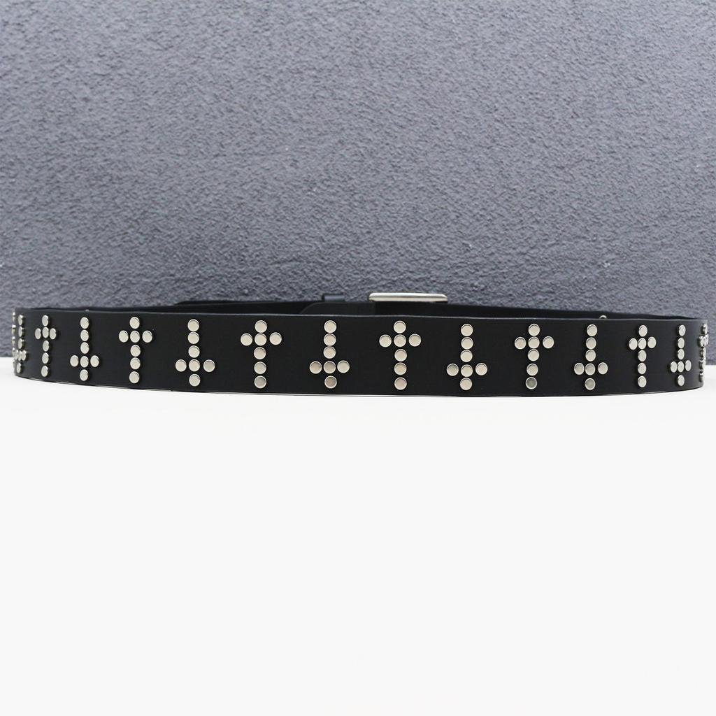 Y2K Punk Men's Genuine Cowhide Leather Belt with Full Row and Cross Rivets