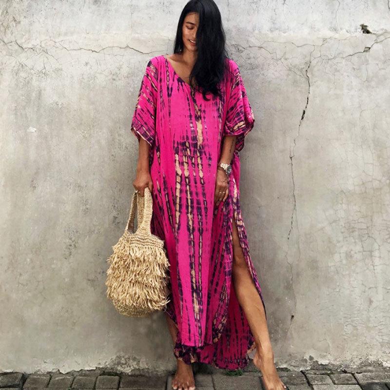 European & American Tie-dye Rayon Beach Dress: Loose, Long Seaside Vacation Robe & Bikini Cover-up with Sunscreen Shirt for Women