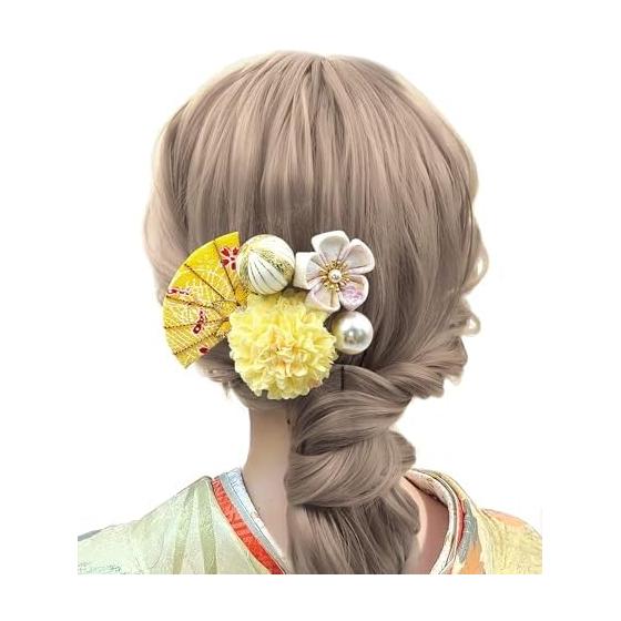 JZOON Handmade Tsumami Zaiku Hair Accessory for Shichi-Go-San, Coming of Age Ceremony, Kimono, Yukata - Cherry Blossom, Chrysanthemum, Bell