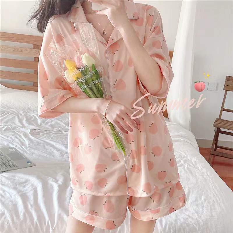 Pajamas Women Summer Cartoon Cute Bear Short Sleeve Nightwear Loungewear Set Ladies Cardigan Striped Plaid Short Sleepwear