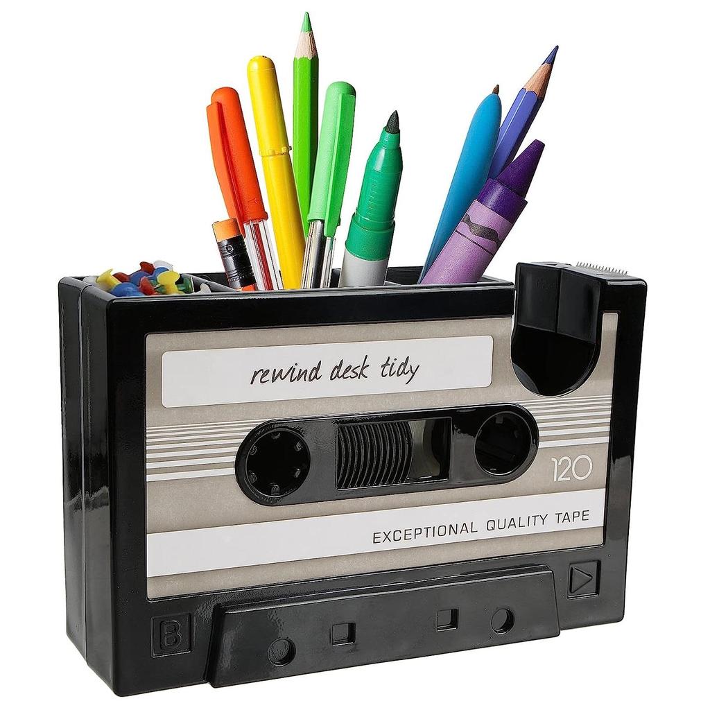 Retro Cassette Tape Machine Brush Pot Pen Pencil Holder Rewind Desk Tidy Container Case Table Organizer