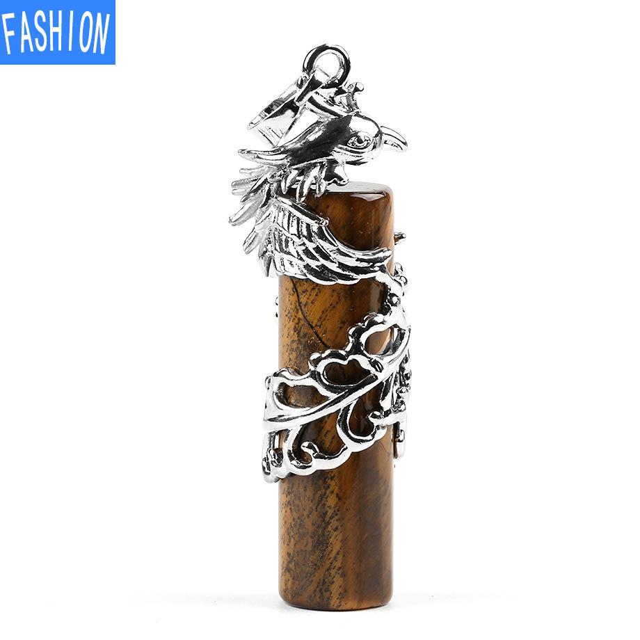 Creative Mascot Wrapped Natural Stone Cylindrical Pendant And Pink Crystal Necklace