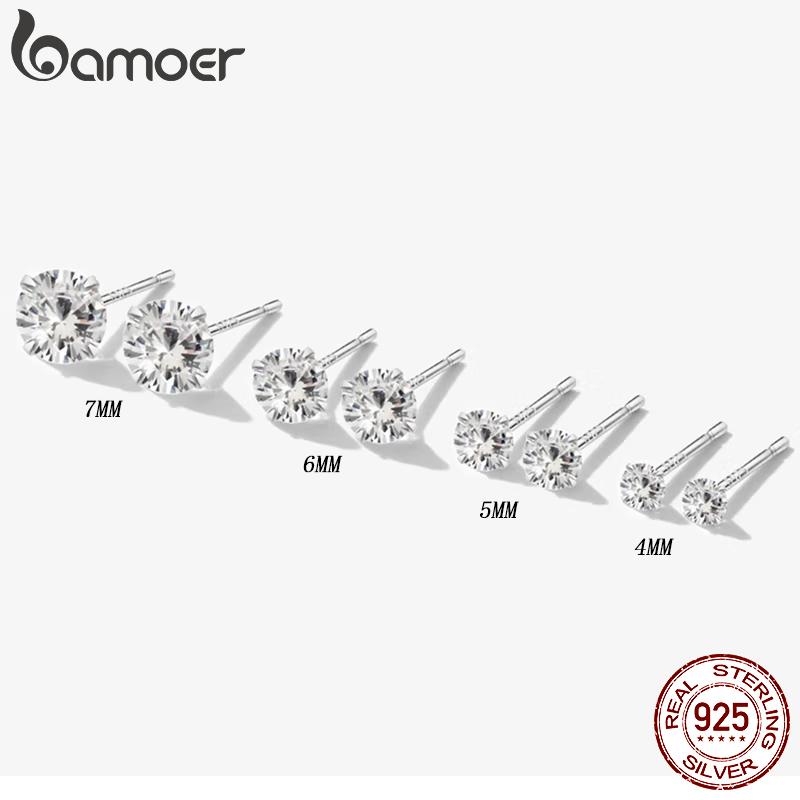 Bamoer CZ Stud Earrings 925 Silver Platinum Plated Round Cubic Zirconia Hypoallergenic Barbell Earrings 4-7mm