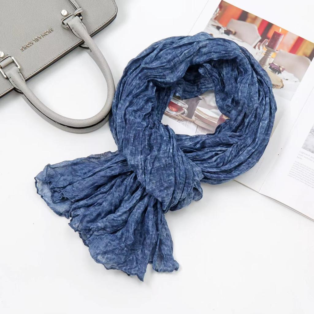 Solid Green Cotton Linen Vintage Pleated Scarf Shawl Autumn Winter Unisex Thin Long Neck Wrap Warmth Breathable Lightweight