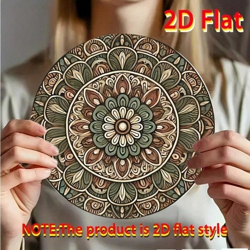 Vintage Mandala Metal Wall Art Round 7.87 Inch 2D Flat Floral Decorative Plate for Home Decor Green Brown Beige
