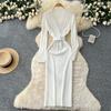 Spring Autumn Women Casual V-neck Full Sleeve Knitted Sweater Midi Pencil Dresses with Belt