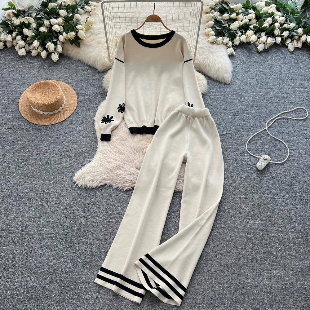 Autumn Winter Women Vintage Embroidery Flower Knitted Sweater Trouser Two Piece Set O-neck Pullover Tops and Pant Tracksuit