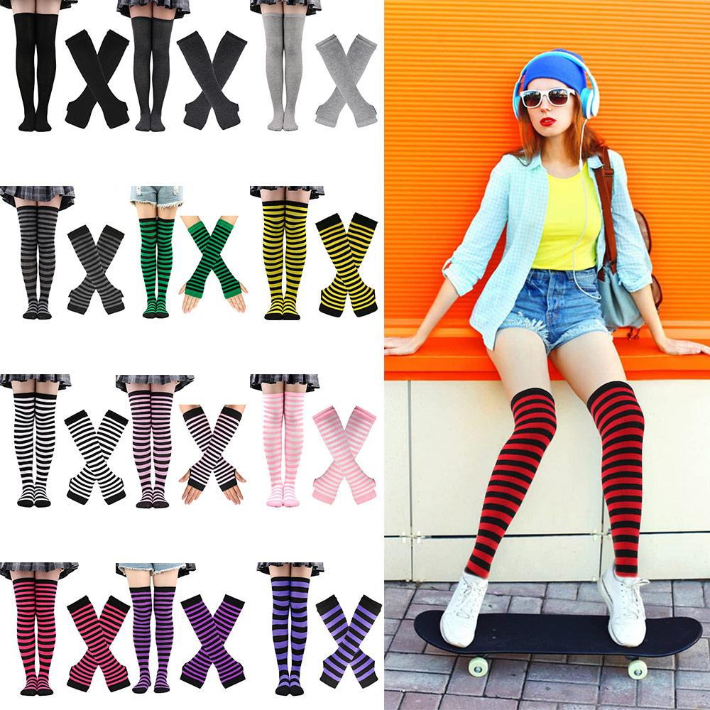 Gothic Arm Warmer Knee High Socks Set Striped Thigh High Boot Socks  for Women