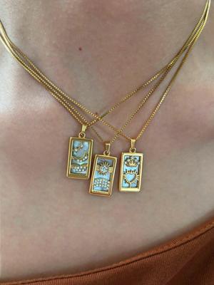 GHIDBK Fashion Sparkling Rhinestone Natural Mother of Pearl Square Tarot Card Pendant Necklace for Women Stainless Steel Zircon