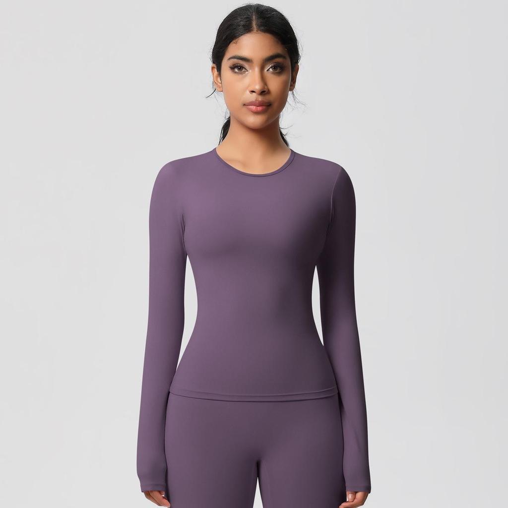 European-American Slim Fit Long Sleeve Yoga Top - Nude, Brushed Feel, Round Neck, High-Intensity Running & Fitness Wear