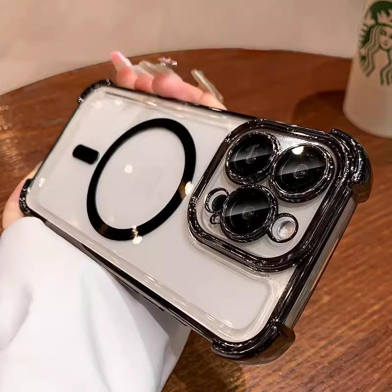 Compatible with iPhone 17 Pro Max four-corner airbag shockproof phone case, iPhone 16 electroplated transparent magnetic 15 space case
