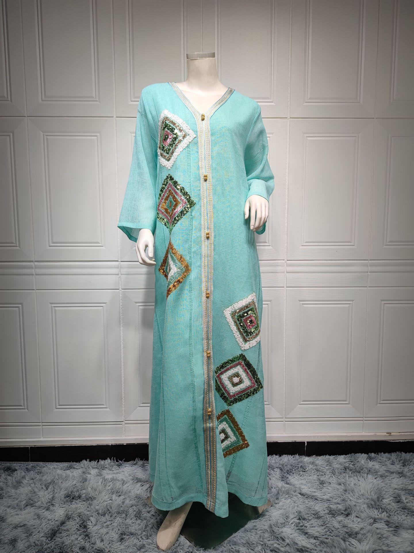 

Мусульманский женский халат из хлопка и льна с вышивкой в виде четырех пайеток, свободное платье XXL синий