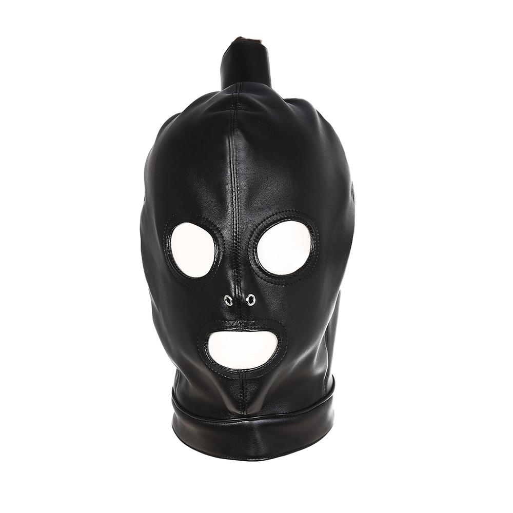 TleMeny Latex Unisex Hood Mask Sexy PU Leather Masks Men Women Cosplay Flirting Hair Ponytail Chest Belt Headgear Sexy Cosplay