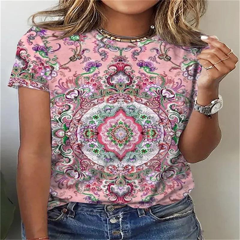 Summer Round Neck 3D Floral Mandala Print Top Fashionable Casual Short Sleeved Women's T-shirts