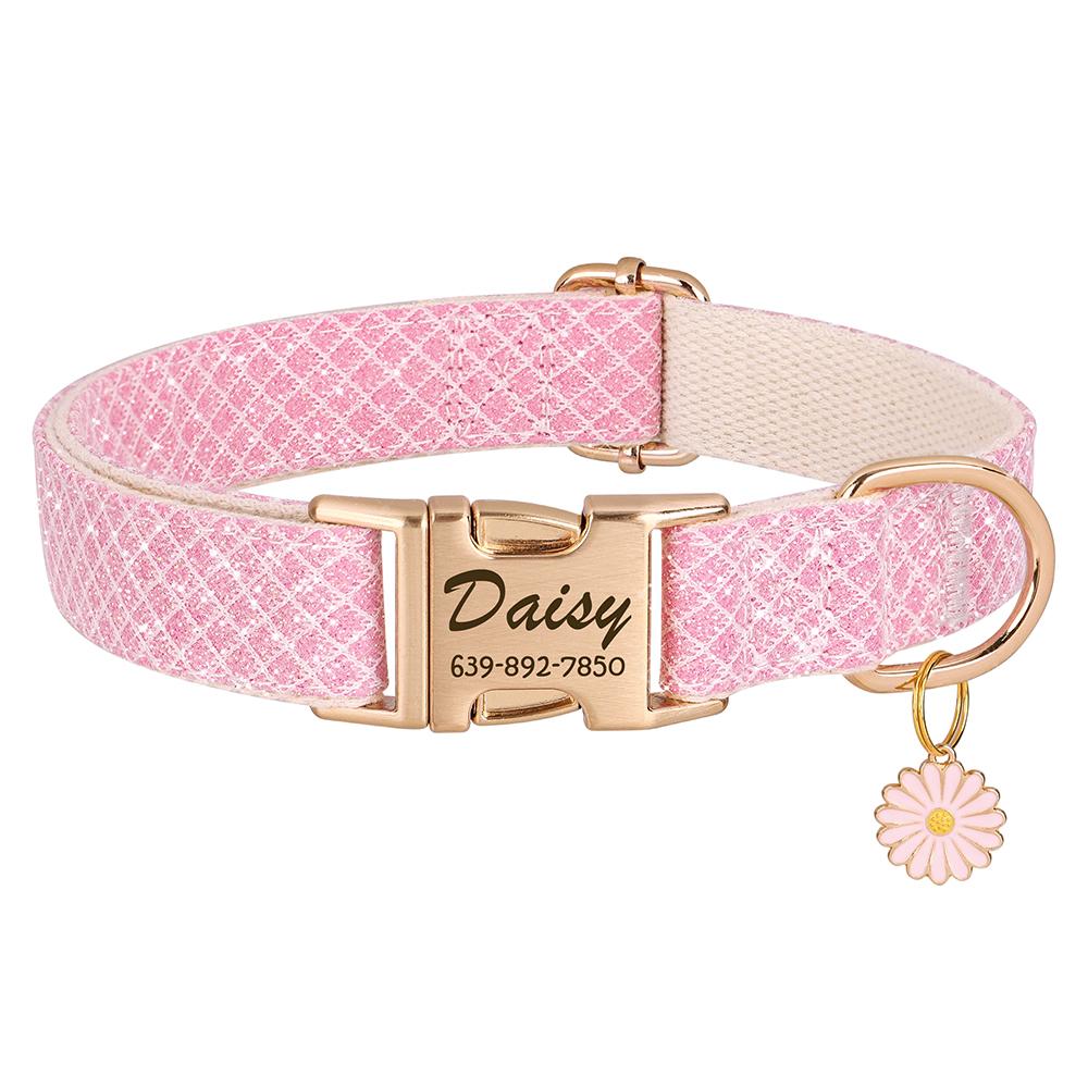 Bling Nylon Personalisierbares Hundehalsband Niedliches Blumenanhänger Hundehalsbänder Gravur Haustiername ID-Schnalle Halsband Für Kleine Große Hunde Chihuahua