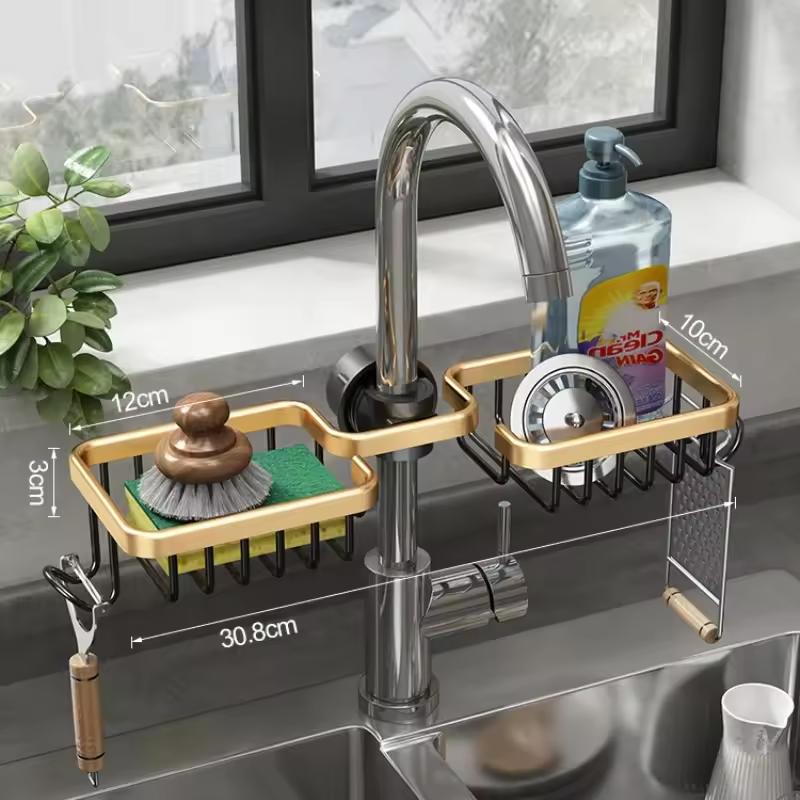 Kitchen Faucet Storage Rack, Sponge Soap Drainage Storage Rack, Hanging Sink Storage Rack with Towel Bar