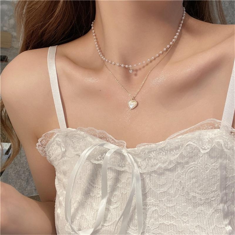 Cute Heart Shape Pendant Necklace with Pearls Chain Aesthetic Jewelry for Women Perfect for Weddings and Parties