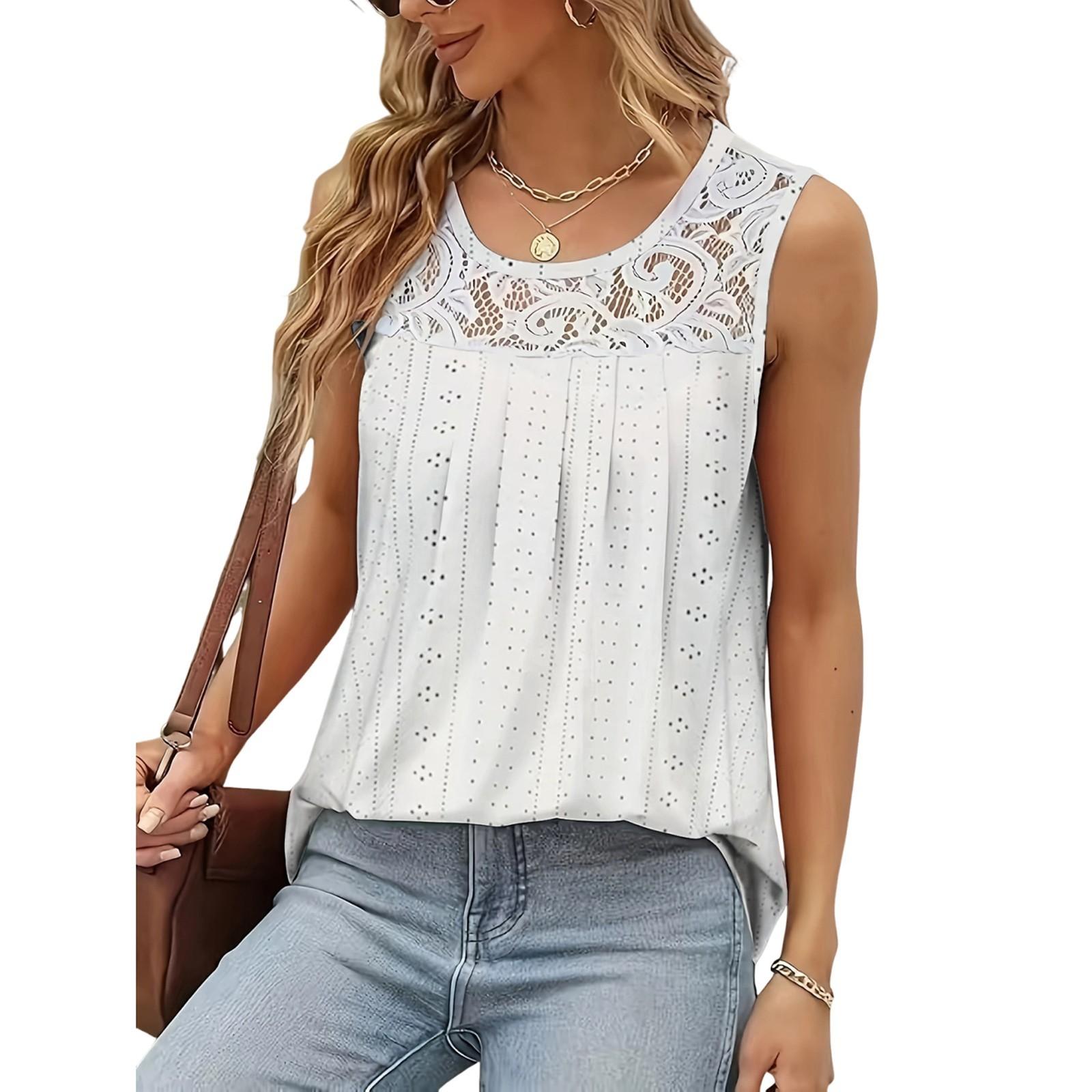 

Женская блузка без рукавов большого размера с кружевом и плиссировкой, летняя рубашка, туника M белый