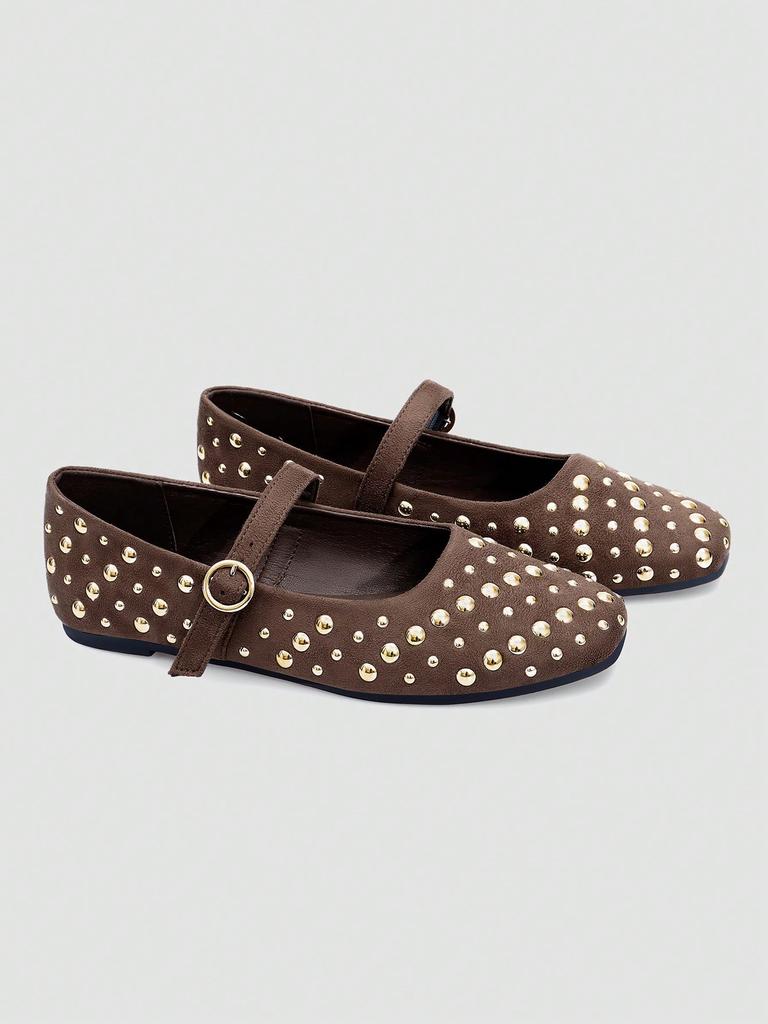 Brown Square Toe Mary Jane Flats with Large & Small Sequin Decorations and Single Strap Buckle