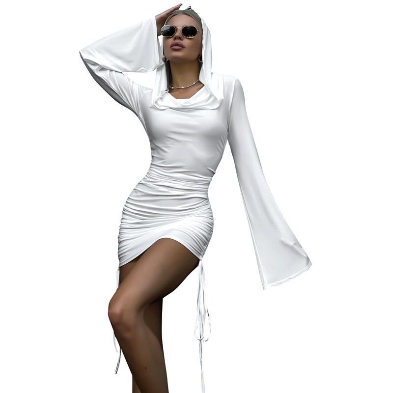 Women's Autumn Solid Color Long Sleeve Hooded Slim Shrinking Pleated Hip High Waist Short Dress
