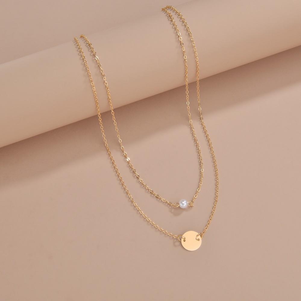Personalized geometric disc pearl pendant multi-layer women stacked necklace