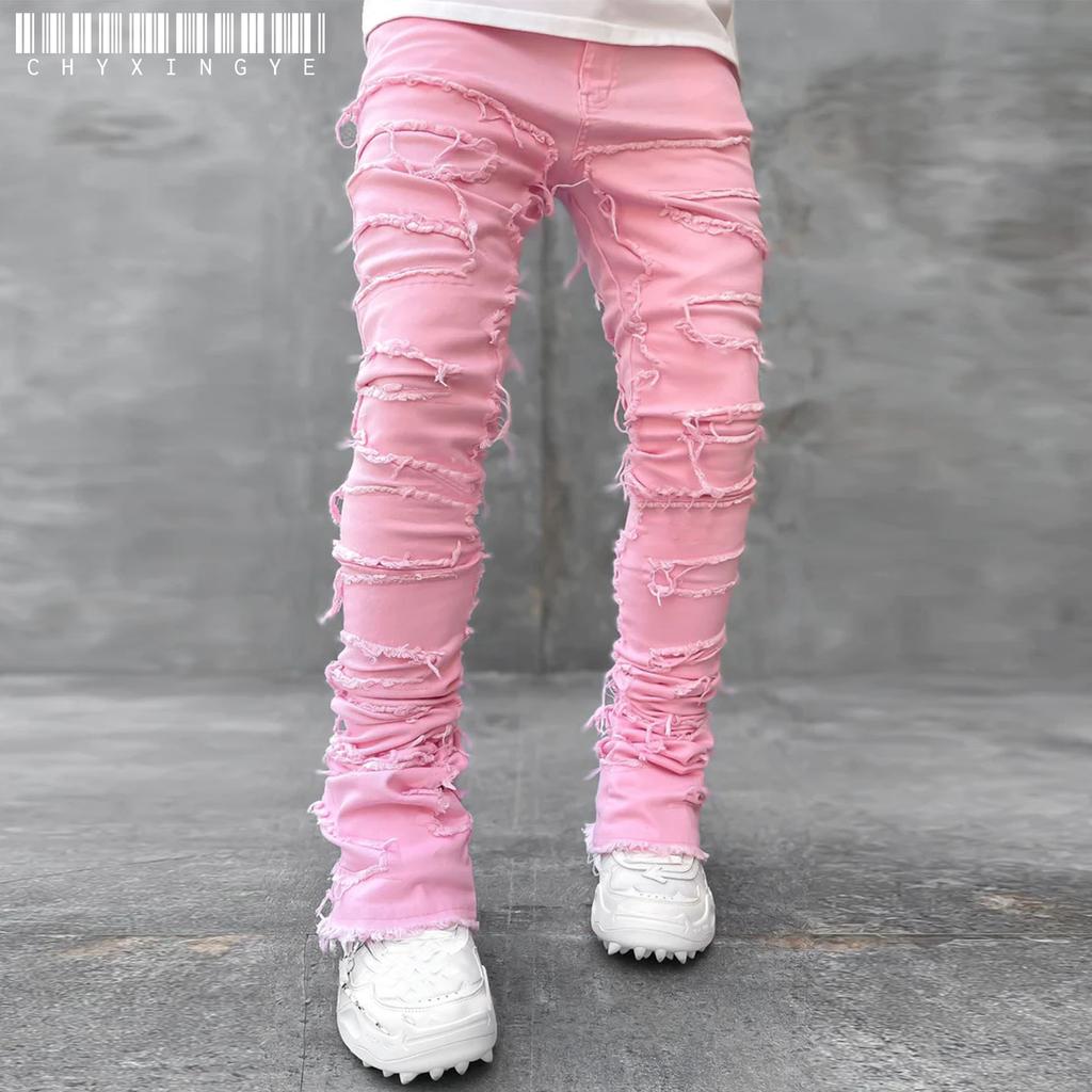 Jeans Uomo Fit Stacked Strappati Slim Fit Patch Usurati Distrutti Dritti Denim Pantaloni Hip Hop Trap Streetwear Pantaloni Abbigliamento