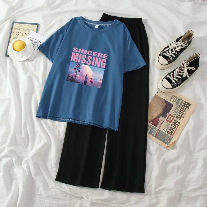 2PCS frauen Sommer Casual Anzug Comic Kurzen ärmeln T-shirt + Lose Hosen Zwei-stück Sets Student breite bein Hosen Anzug