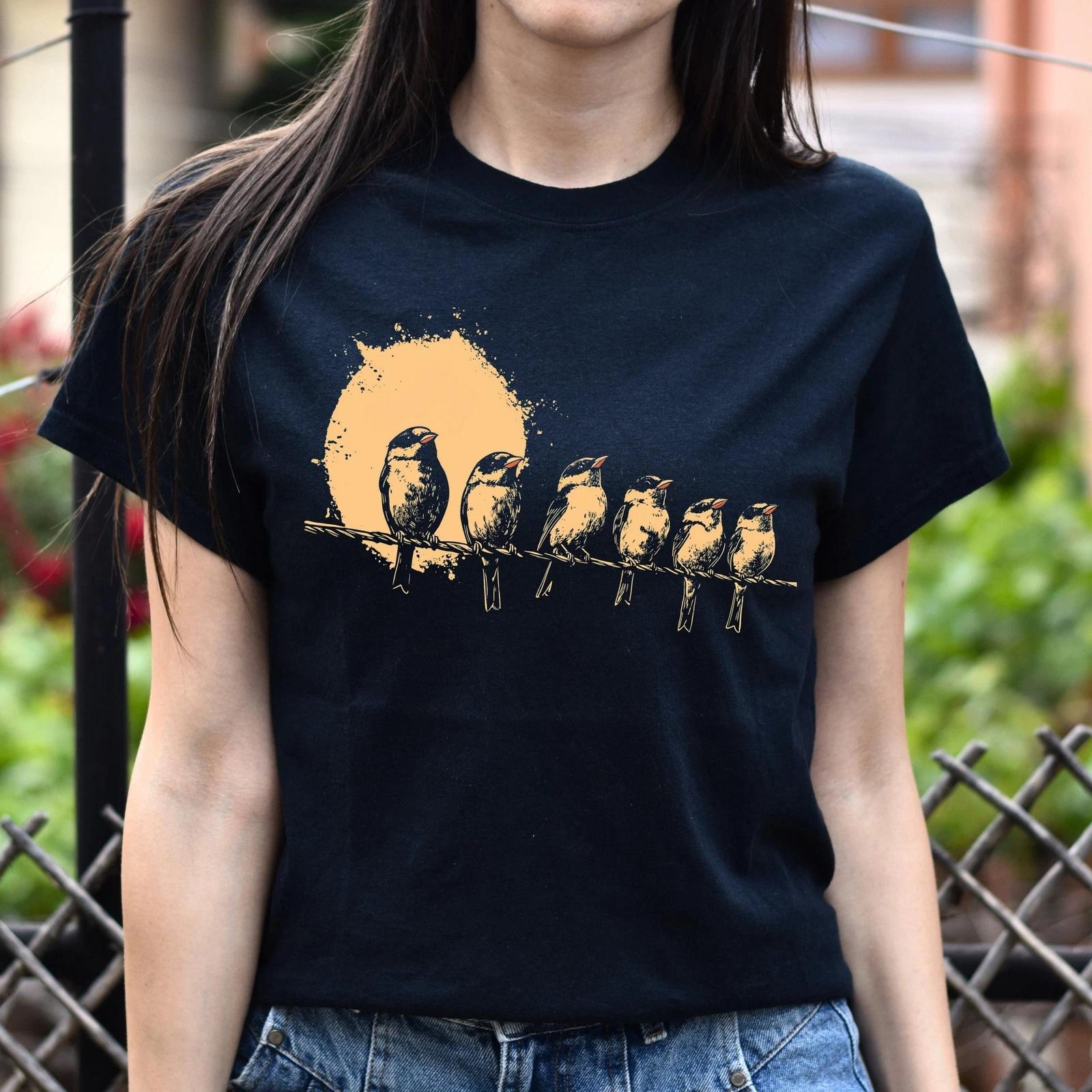 Birds on a line Unisex T-Shirt gift Nature Lover bird watching tee black navy da XL