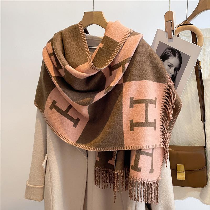 Core-spun yarn scarf winter new double-sided long letter shawl warm holiday gift scarf women