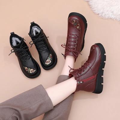 Fashion Winter Women Leather Ankle Boots Female Non-slip Warm Snow Boots Mother Waterproof Flat Heels Booties