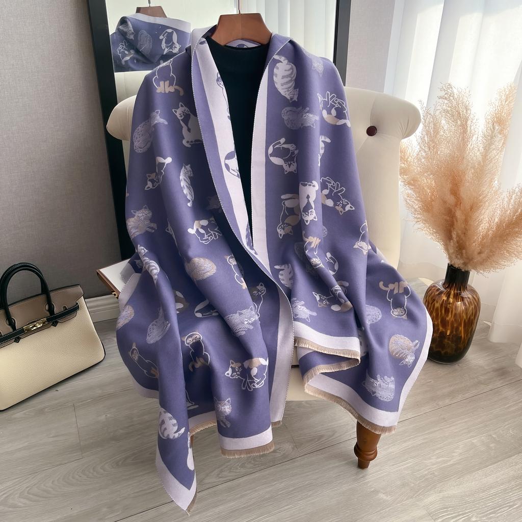 Luxury Winter Kitty Two-Sided Cashmere Jacquard Scarves High Quality Women Thicken Wrap Shawl Ladies Wool Pashmina Scarf