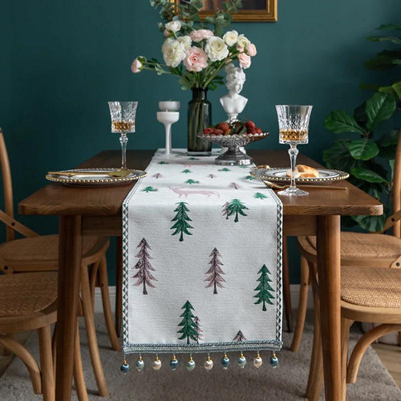 Cotton Linen Blue and Pink Elk Christmas Table Runner Seasonal Winter Christmas Xmas for Holiday Farmhouse Style Dining Holiday