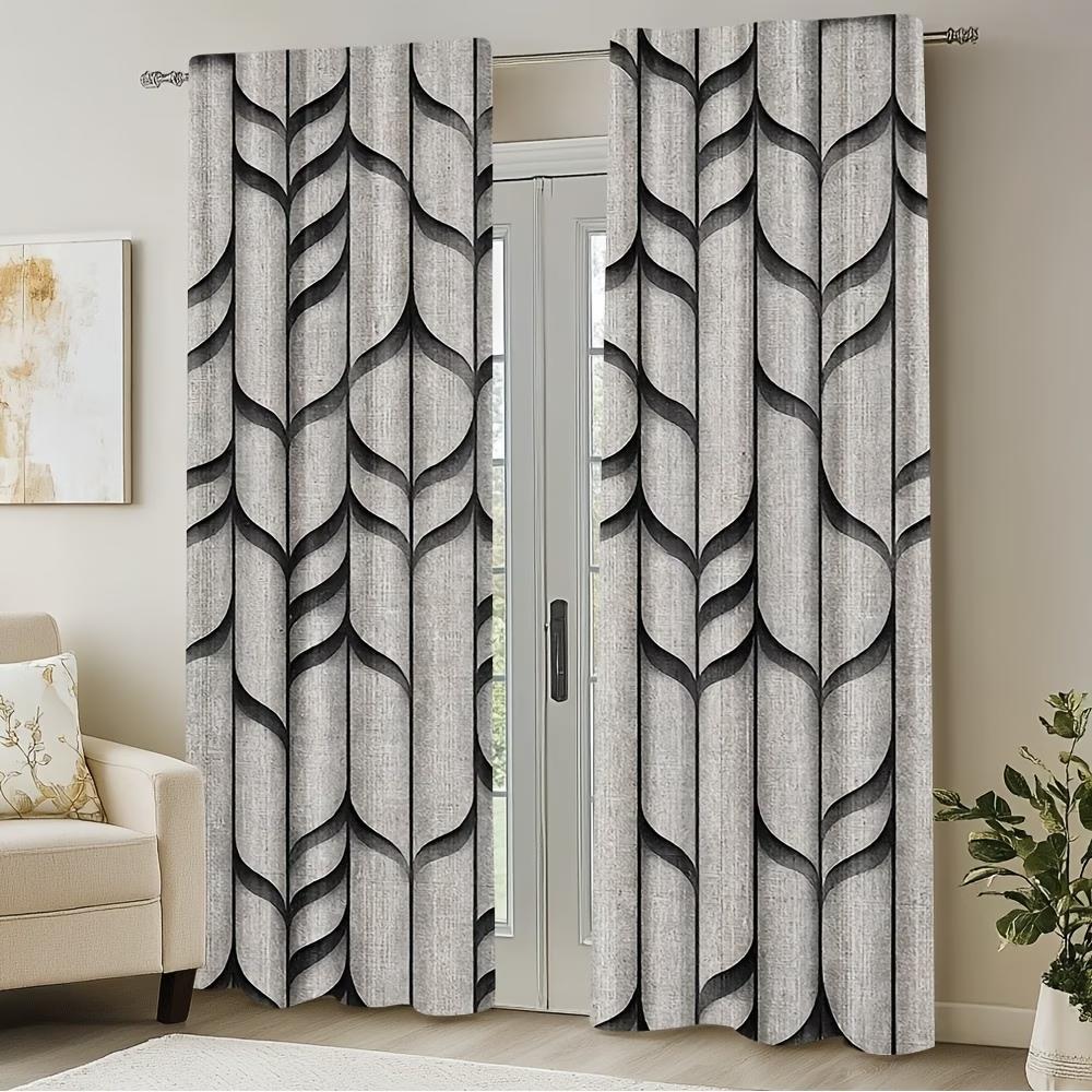 2PCS Digital Printed Curtains, Gray Background Black Stripes Abstract Pattern, Window Drapes for Living Room Bedroom Home Decor