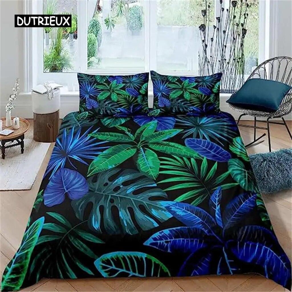 Palm Leaves Duvet Cover Banana Leaves Duvet Cover Hawaiian Tropical Leaves Bedding Set Green Leaves Branches Quilt Cover Women  Three-piece Set