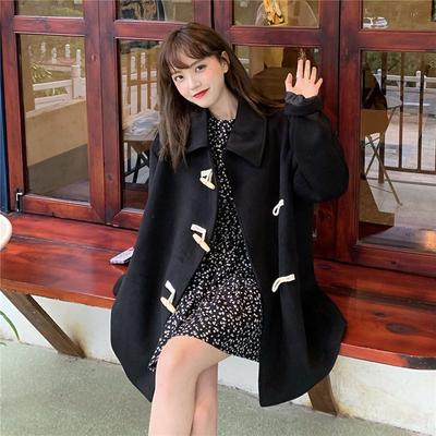 Black Coat Women's Autumn Medium Long Loose Button Coat Casual Comfortable Fit Button