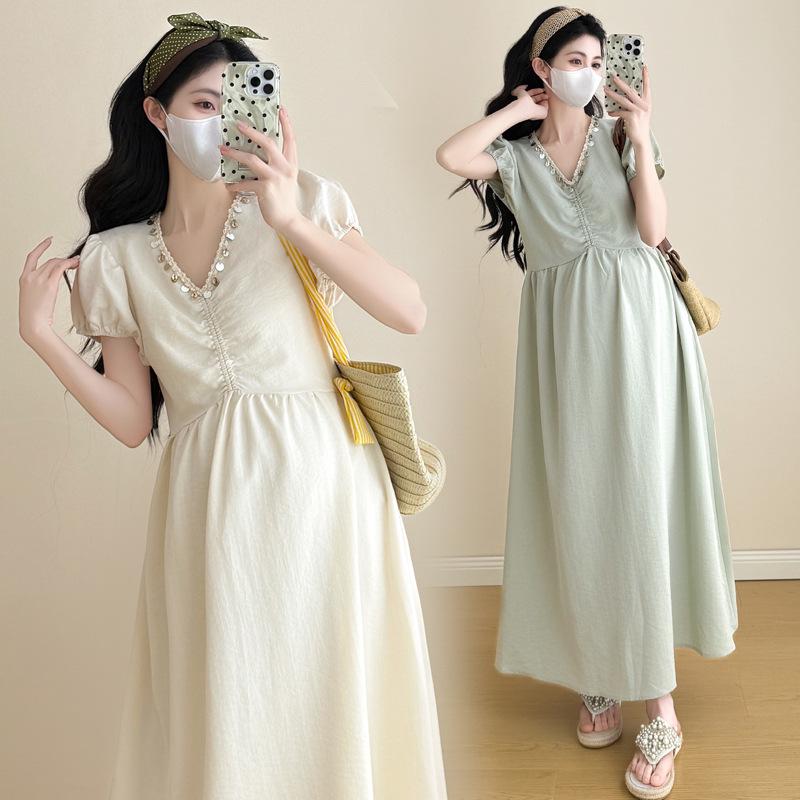 2026 Summer Maternity Dress: Elegant Neckline with Sequins, Loose Fit